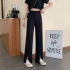 Elastic-waist Slit-front Straight-cut Pants