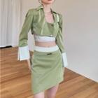 Velvet Color Block Cropped Jacket / Mini Skirt