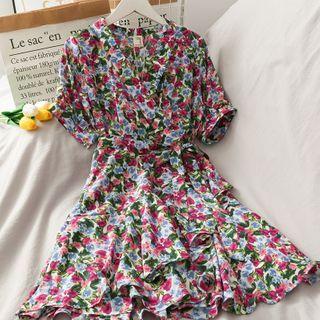Elbow-sleeve Floral Mini Dress With Sash