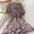 Elbow-sleeve Floral Mini Dress With Sash