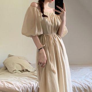 Short-sleeve Off-shoulder Plain Midi Dress