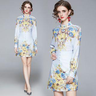 Set: Floral Long-sleeve Blouse + Mini A-line Skirt