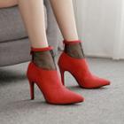 Mesh Panel Faux Leather Pointed High-heel Short Boots