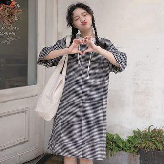 3/4-sleeve Gingham Hooded Midi Dress Gingham - Black & White - One Size