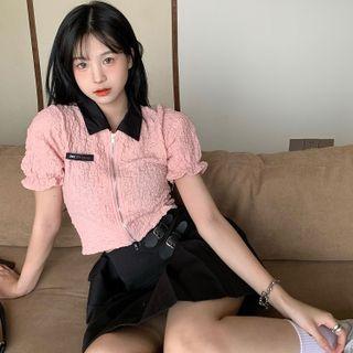 Short-sleeve Zip Blouse / Mini A-line Skirt