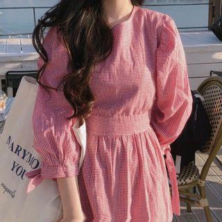 3/4-sleeve Gingham A-line Midi Dress Plaid - Red - One Size