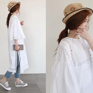 Bell-sleeve Lace-trim Midi Dress