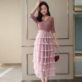 V-neck Velvet Panel Lace Trim Layered Dress