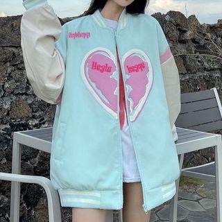 Faux Leather Heart Print Baseball Jacket Light Green - One Size