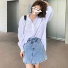 Long-sleeve Plain Shirt / Irregular Denim A-line Skirt