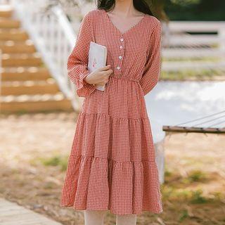 Long-sleeve Gingham Frill Trim A-line Midi Dress