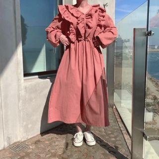 Frilled-detail Gathered-waist Long Dress