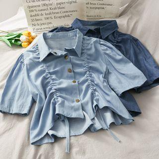 Puff-sleeve Drawstring Crop Shirt