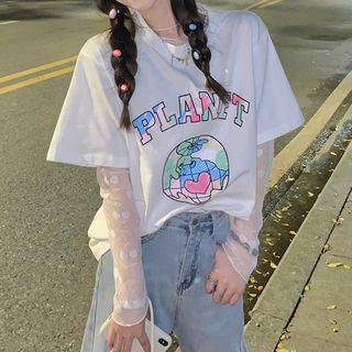 Short-sleeve Print T-shirt / Embroidered Mesh Top