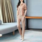 Set: Short-sleeve Blouse + Tapered Pants
