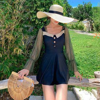 Mesh-sleeve Ruffled Swimdress