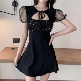 Short-sleeve Glitter Mesh Tie-neck Mini A-line Dress