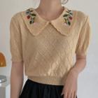Short-sleeve Collared Embroidered Knit Top