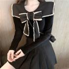 Bow-accent Corduroy Long-sleeve Blouse / Pleated Skirt