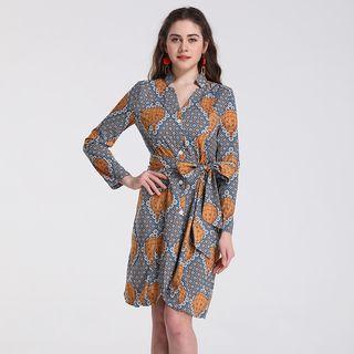 Printed Tie-waist Long-sleeve Shift Dress