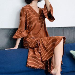 Elbow-sleeve Striped Sleep Dress