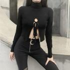 Turtleneck Lace-up Cropped Knit Top