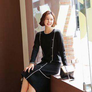 Piped Pleated-hem Midi Knit Dress