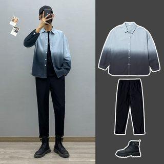 Long-sleeve Gradient Loose-fit Shirt / Plain T-shirt / Plain Straight Leg Pants
