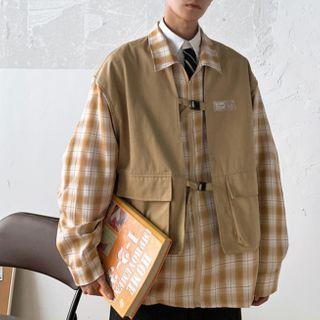 Mock Two-piece Plaid Panel Zipped Jacket