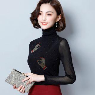 Long-sleeve Hand Gesture Print Top