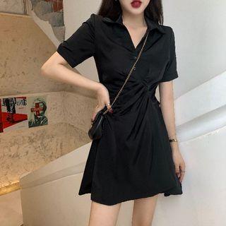 Short-sleeve Plain Ruffled Shirt Dress