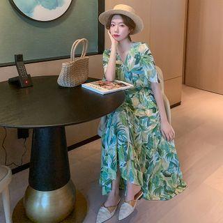 Leaf Print Short-sleeve Maxi A-line Chiffon Dress