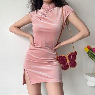 Stand-collar Frog-button Slit Qipao Dress