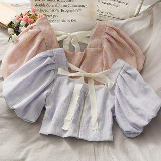 Zipper Ribbon-back Linen Crop Blouse