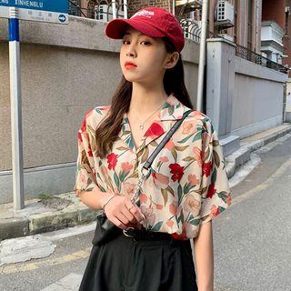 Flower Print Short-sleeve Blouse Almond - One Size
