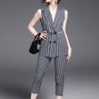 Set: Double-breasted Striped Sleeveless Blazer + Cropped Pants