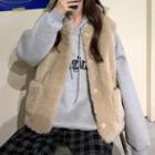 Faux Shearling Vest / Letter Embroidered Hoodie / Plaid Cropped Straight-fit Pants