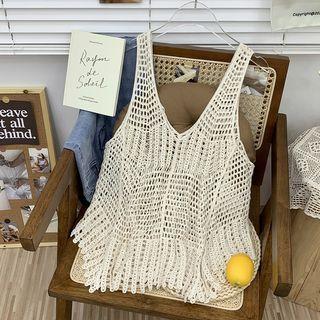 V-neck Plain Cutout Knit Top Almond - One Size