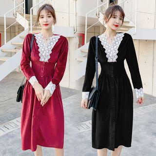 Crochet Panel Long-sleeve Velvet Midi A-line Dress