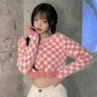 Checkerboard Print Cropped Cardigan Pink - One Size