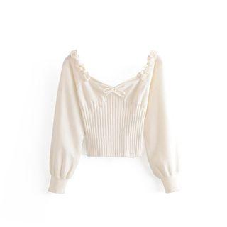 Ruffle Trim Bow Knit Crop Top