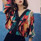 Print V-neck Elbow-sleeve Top As Shown In Figure - One Size