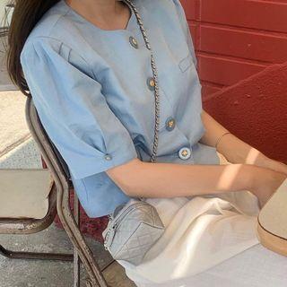 Puff Sleeve Round Neck Button-up Cropped Blouse Airy Blue - One Size