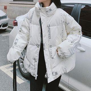 Lettering Print Padded Zip Coat