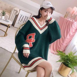 Contrast-trim Lettering Mini Sweater Dress