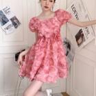 Puff-sleeve Floral Bow A-line Dress