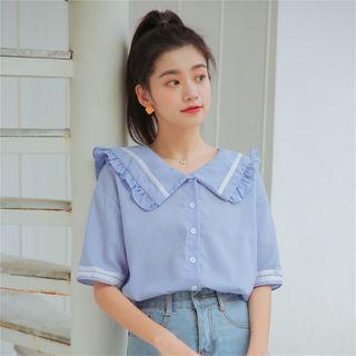 Ruffled Collar Short-sleeve Striped Blouse