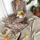 Puff-sleeve Tie-waist Long Floral Dress