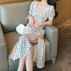 Dotted Square Neck Puff Sleeve Dress Almond - One Size