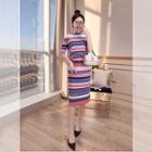 Set: Elbow-sleeve Striped Knit Top + Fitted Skirt As Shown In Figure - One Size